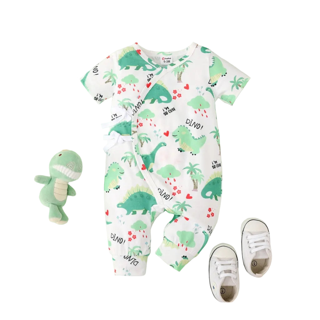 Baby Boy Allover Dinosaur Print Short-sleeve Tie Side Jumpsuit