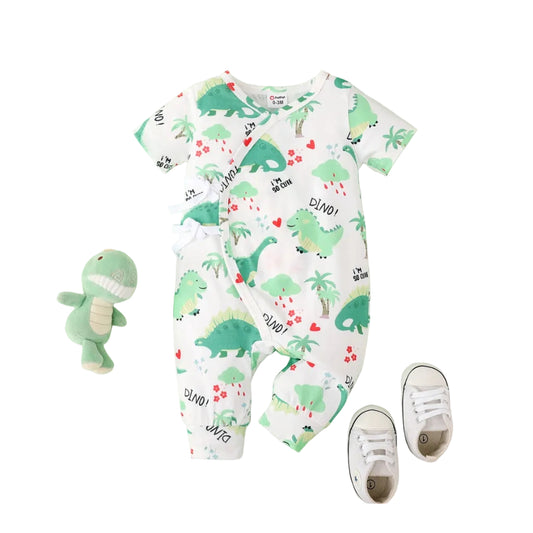 Baby Boy Allover Dinosaur Print Short-sleeve Tie Side Jumpsuit