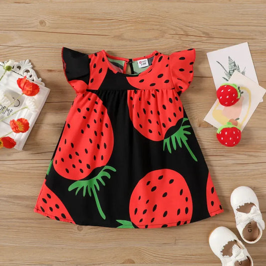 Girl Strawberry Print Flutter-sleeve Dress