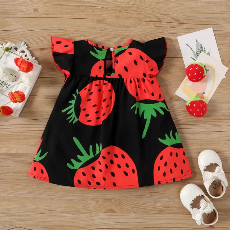 Girl Strawberry Print Flutter-sleeve Dress