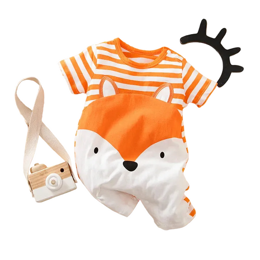 Summer Boys And Girls Cute Cartoon Fox Print Cotton Comfortable Short Sleeve Baby Bodysuit