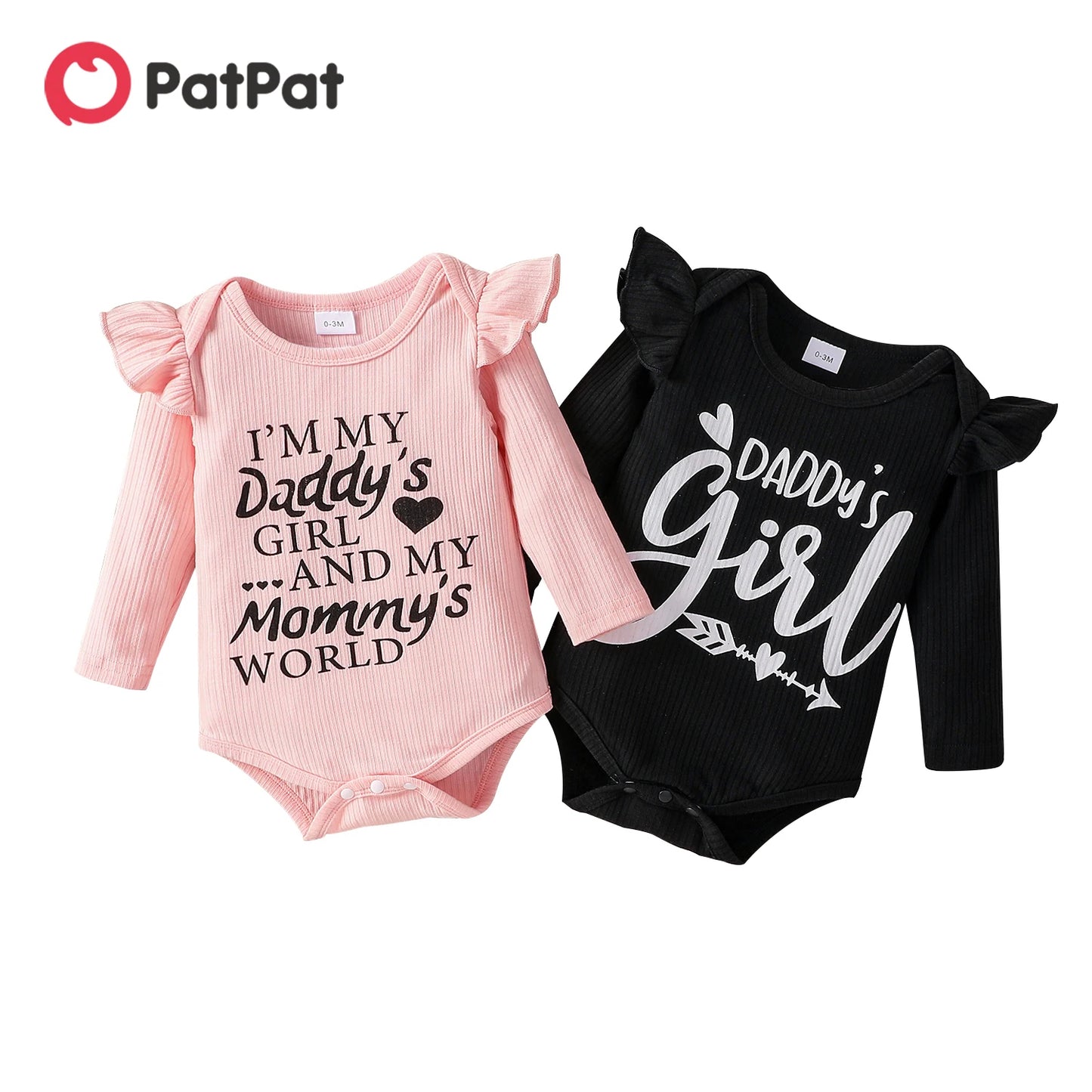 Letter Print Rib Knit Ruffle Long-sleeve Romper