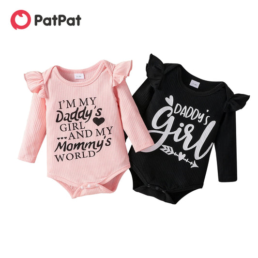 Letter Print Rib Knit Ruffle Long-sleeve Romper