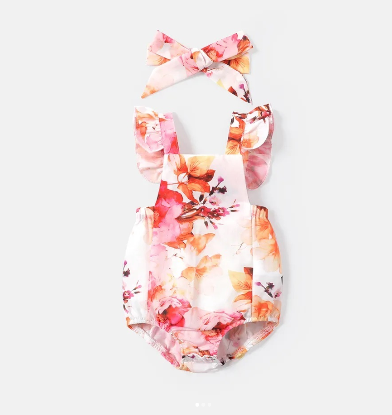 Floral Print Ruffle Trim Sleeveless Romper