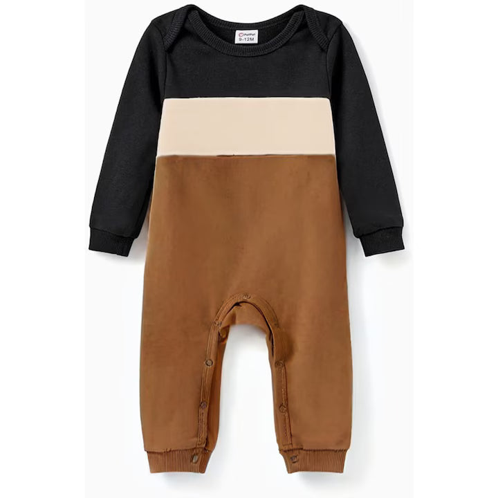 Baby Bodysuit, Cotton, Long Sleeves, Round Neck, Brown, Beige and Black Colorblock Design