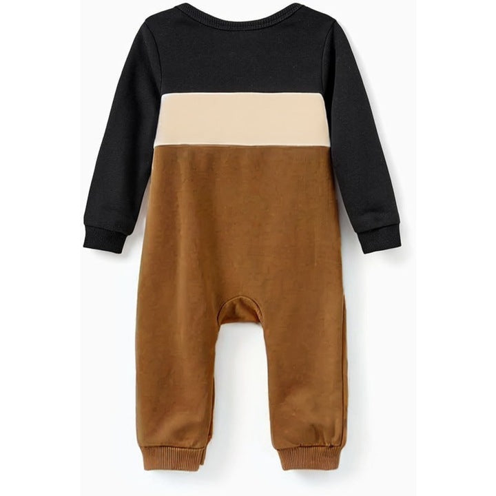 Baby Bodysuit, Cotton, Long Sleeves, Round Neck, Brown, Beige and Black Colorblock Design
