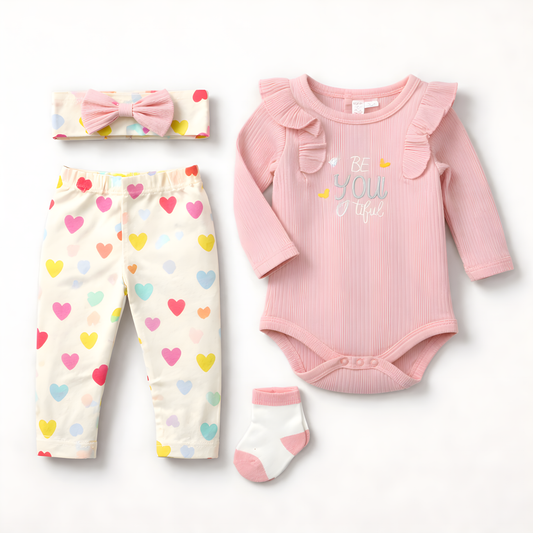 4-Piece Baby Girls Outfit Set – Long Sleeve Ribbed Bodysuit with Heart Print Leggings, Headband & Socks 042LH