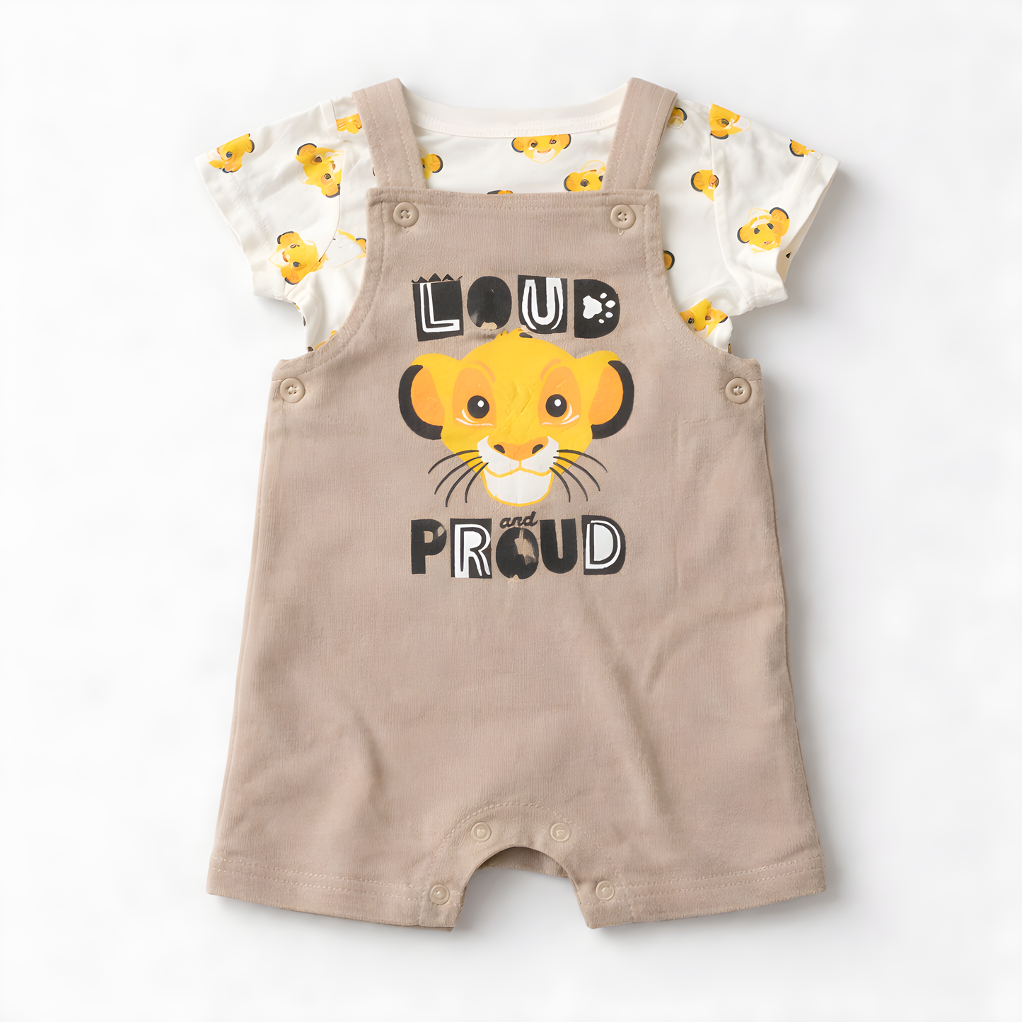 Baby Boy 2-Piece Lion Dungaree Outfit Set with Socks – Brown and White(042LH)