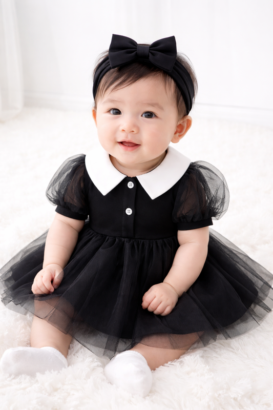 Baby Girl Dobby Mesh Panel Flounce short Sleeve Dress
