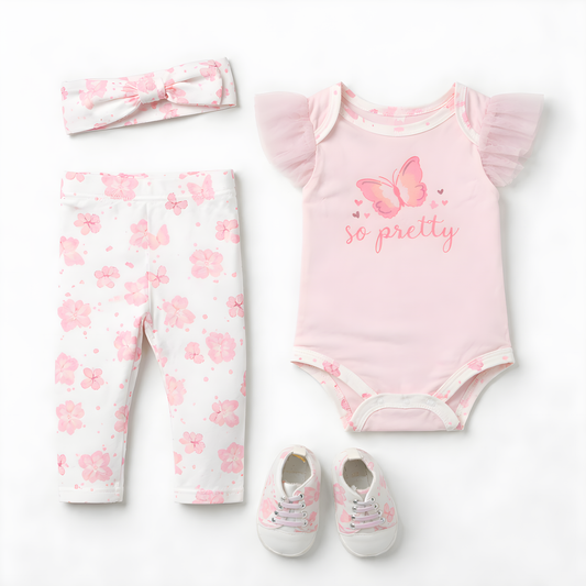 Baby Girl 4-Piece Butterfly Bodysuit Outfit Set with Floral Leggings, Headband & Shoes 042LH