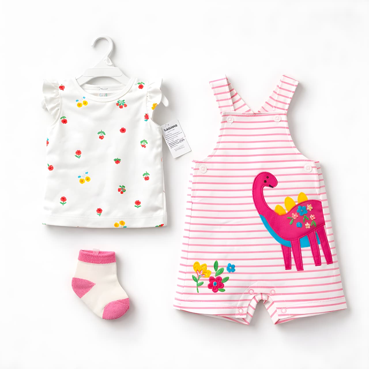 Baby Girls 3-Piece dinosaur Dungaree Outfit Set with Socks – Pink (042LH)