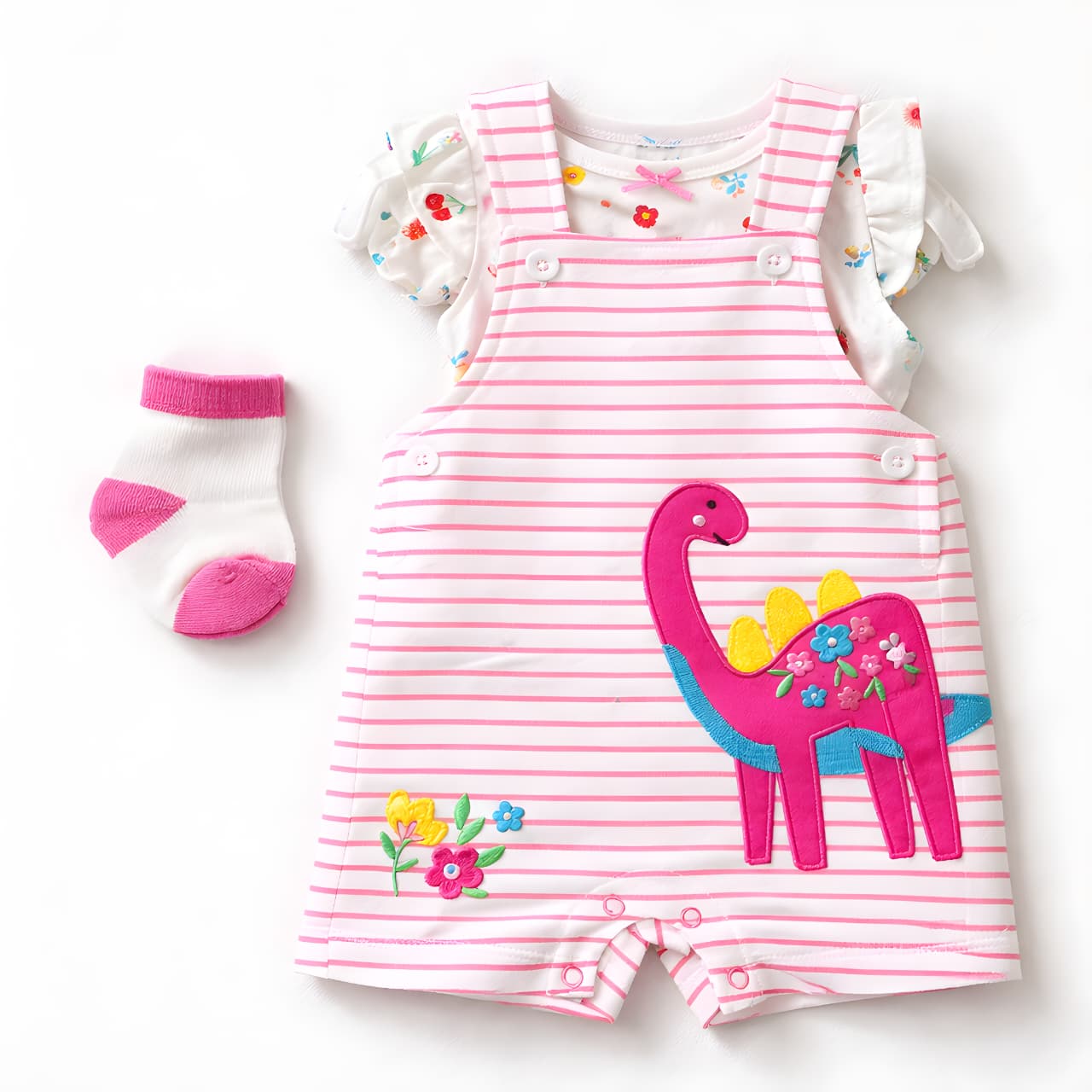Baby Girls 3-Piece dinosaur Dungaree Outfit Set with Socks – Pink (042LH)