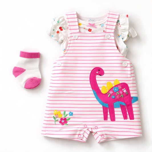 Baby Girl 3-Piece Giraffe Dungaree Outfit Set with Socks – Pink and White (042LH)