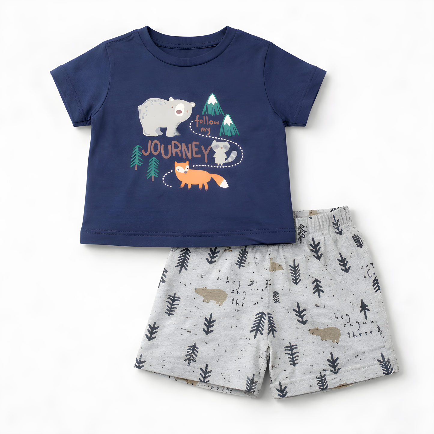 Baby Boy 4-Piece Animal Cotton Summer Outfit Set – 2 T-Shirts & 2 Shorts- Blue and Grey 042LH