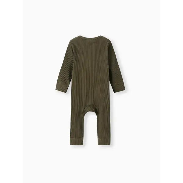 Cotton Ribbed Button Up Jumpsuit Dark Army Green