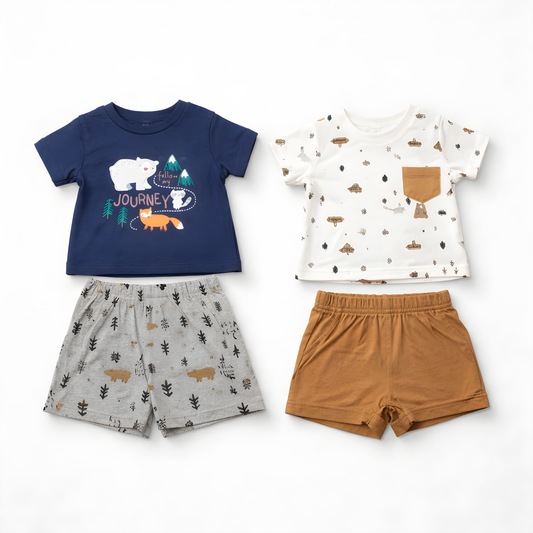 Baby Boy 4-Piece Animal Cotton Summer Outfit Set – 2 T-Shirts & 2 Shorts- Blue and Grey 042LH