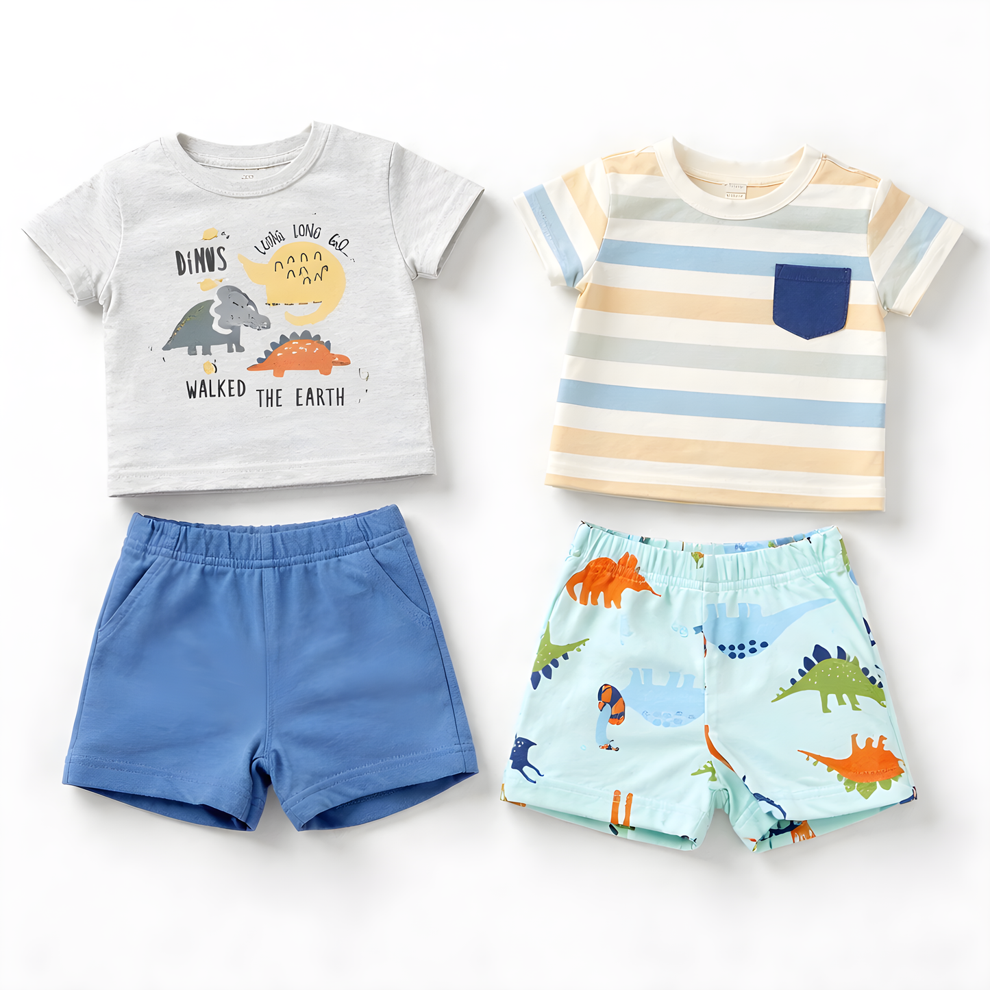 Baby Boy 4-Piece Dino Cotton Summer Outfit Set – 2 T-Shirts & 2 Shorts- Light Blue and Grey 042LH
