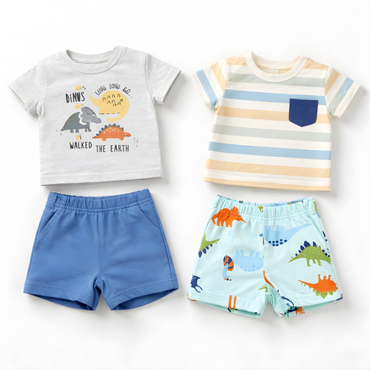 Baby Boy 4-Piece Dino Cotton Summer Outfit Set – 2 T-Shirts & 2 Shorts- Light Blue and Grey 042LH