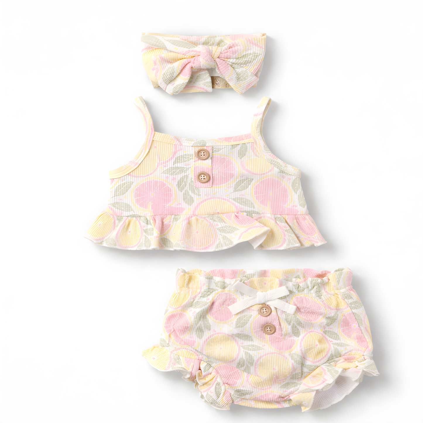 3-Piece Baby Girl 100% Cotton Lemon Print Summer Outfit Set with Matching Headband 042LH