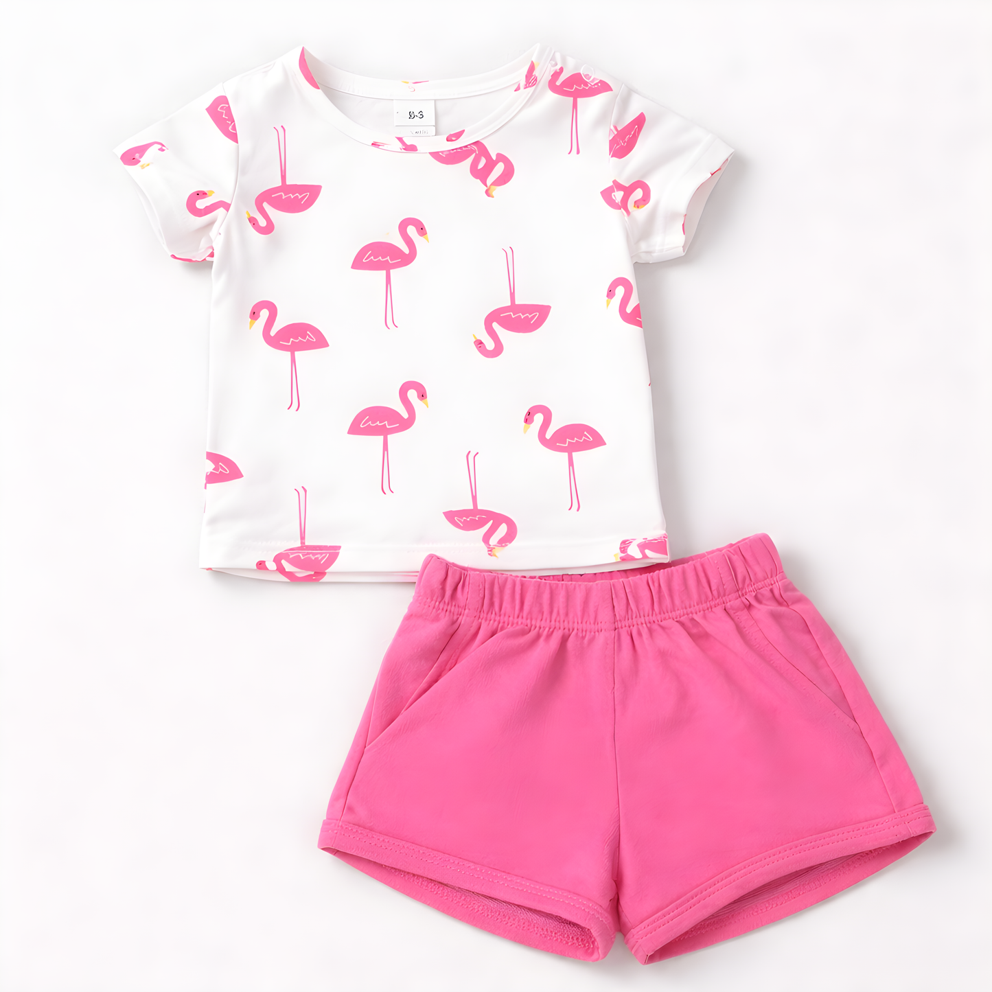 Girls 4-Piece Flamingo Cotton Summer Outfit Set – 2 T-Shirts & 2 Shorts- Pink and White 042LH