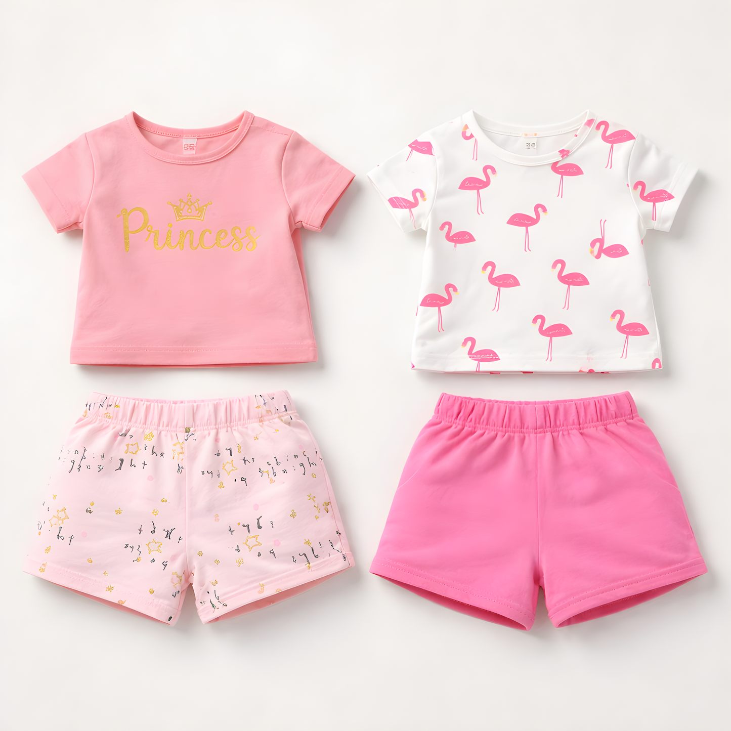 Girls 4-Piece Flamingo Cotton Summer Outfit Set – 2 T-Shirts & 2 Shorts- Pink and White 042LH