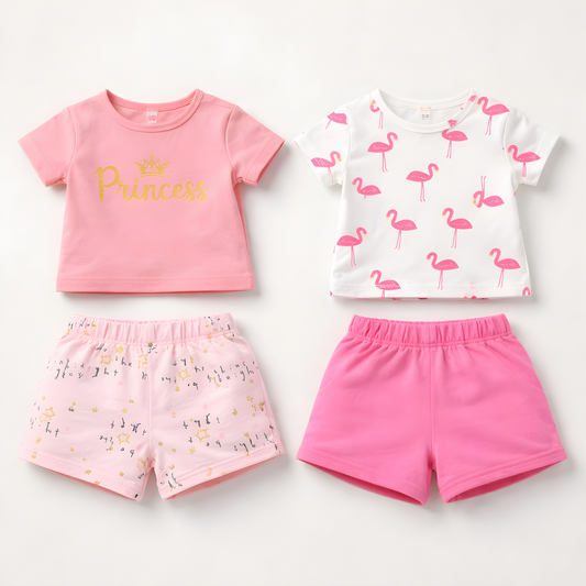 Girls 4-Piece Flamingo Cotton Summer Outfit Set – 2 T-Shirts & 2 Shorts- Pink and White 042LH