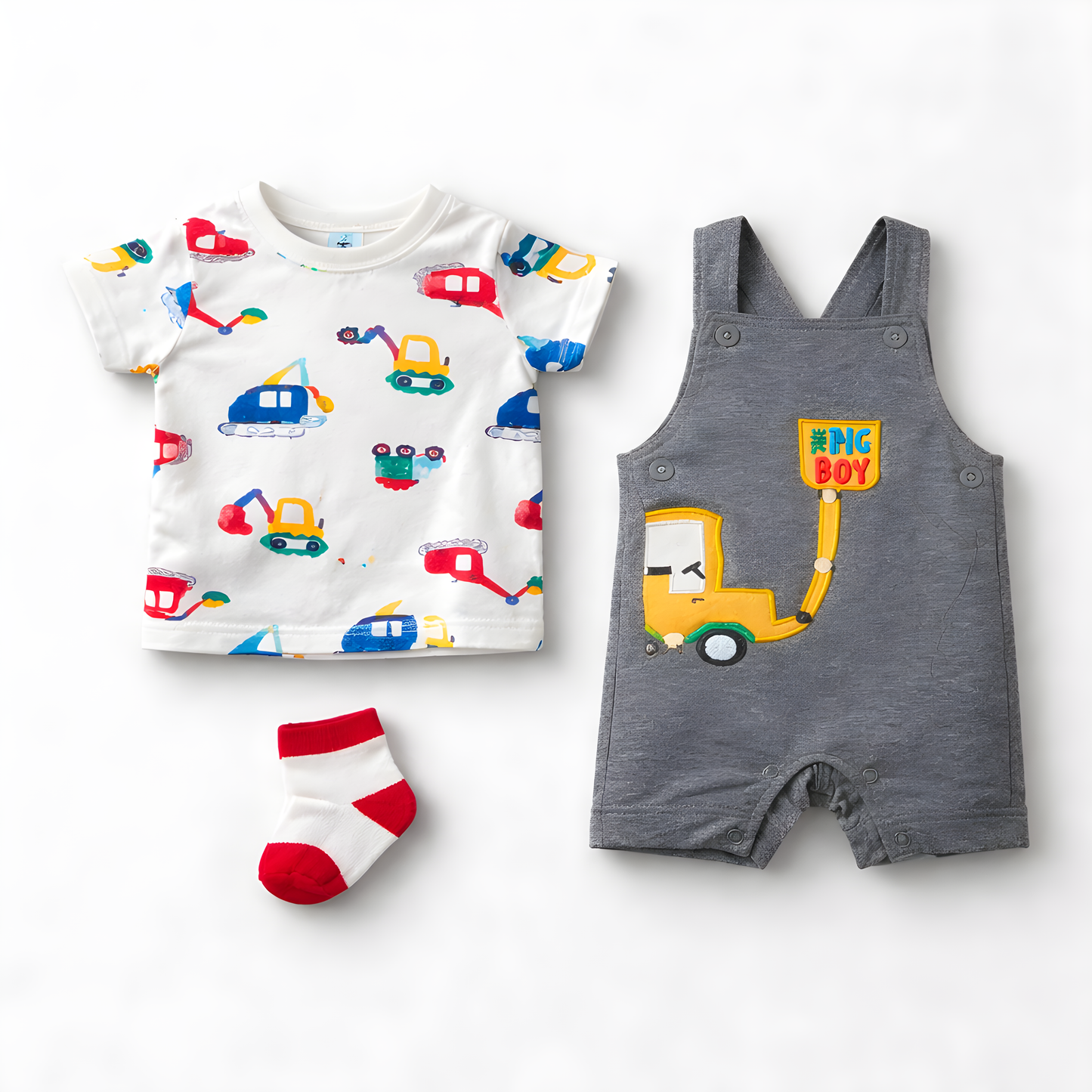 Baby Boy 3-Piece Vehicle Dungaree Outfit Set with Socks – Grey and White(042LH)