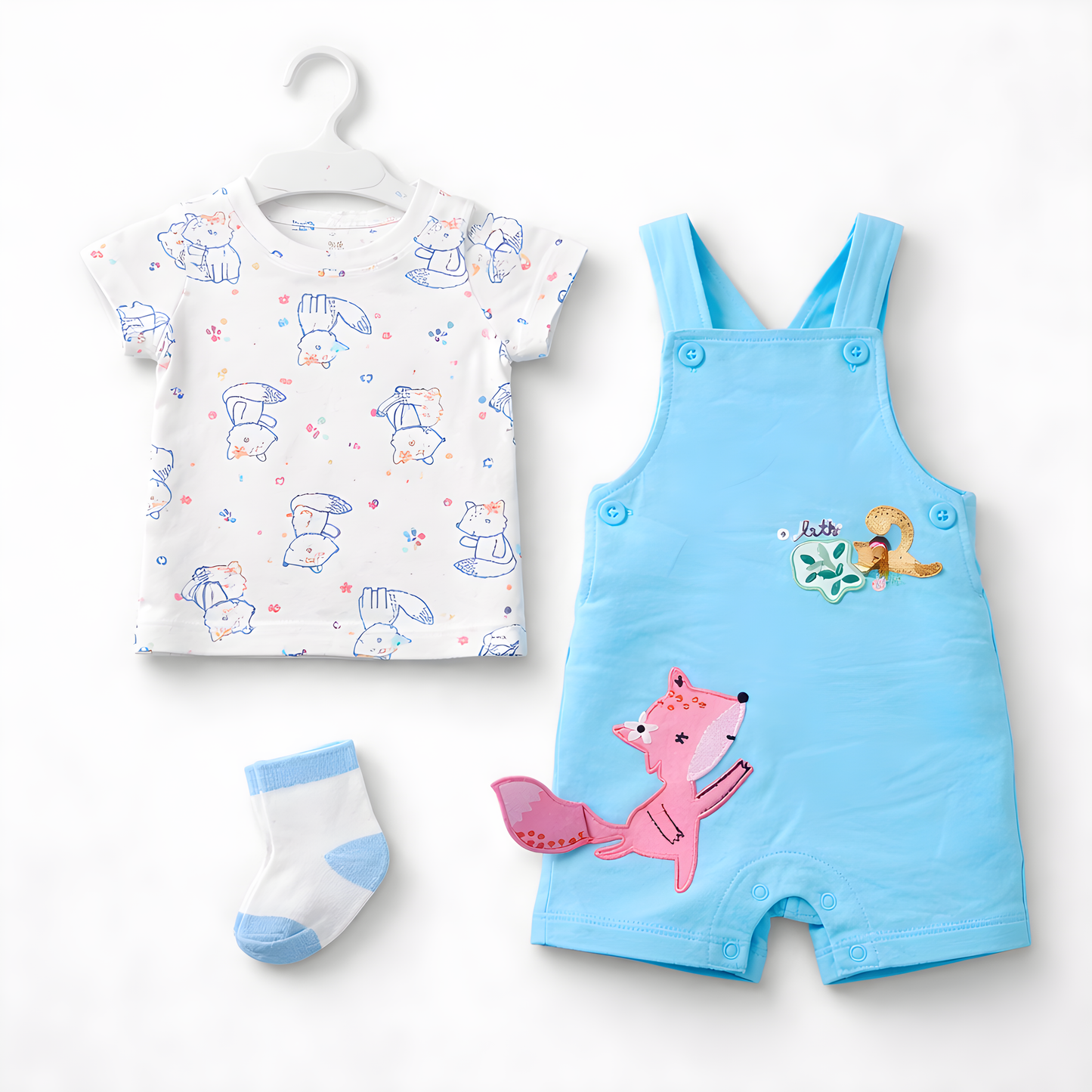 Baby Girl 3-Piece Fox Dungaree Outfit Set with Socks – Blue and White (042LH)