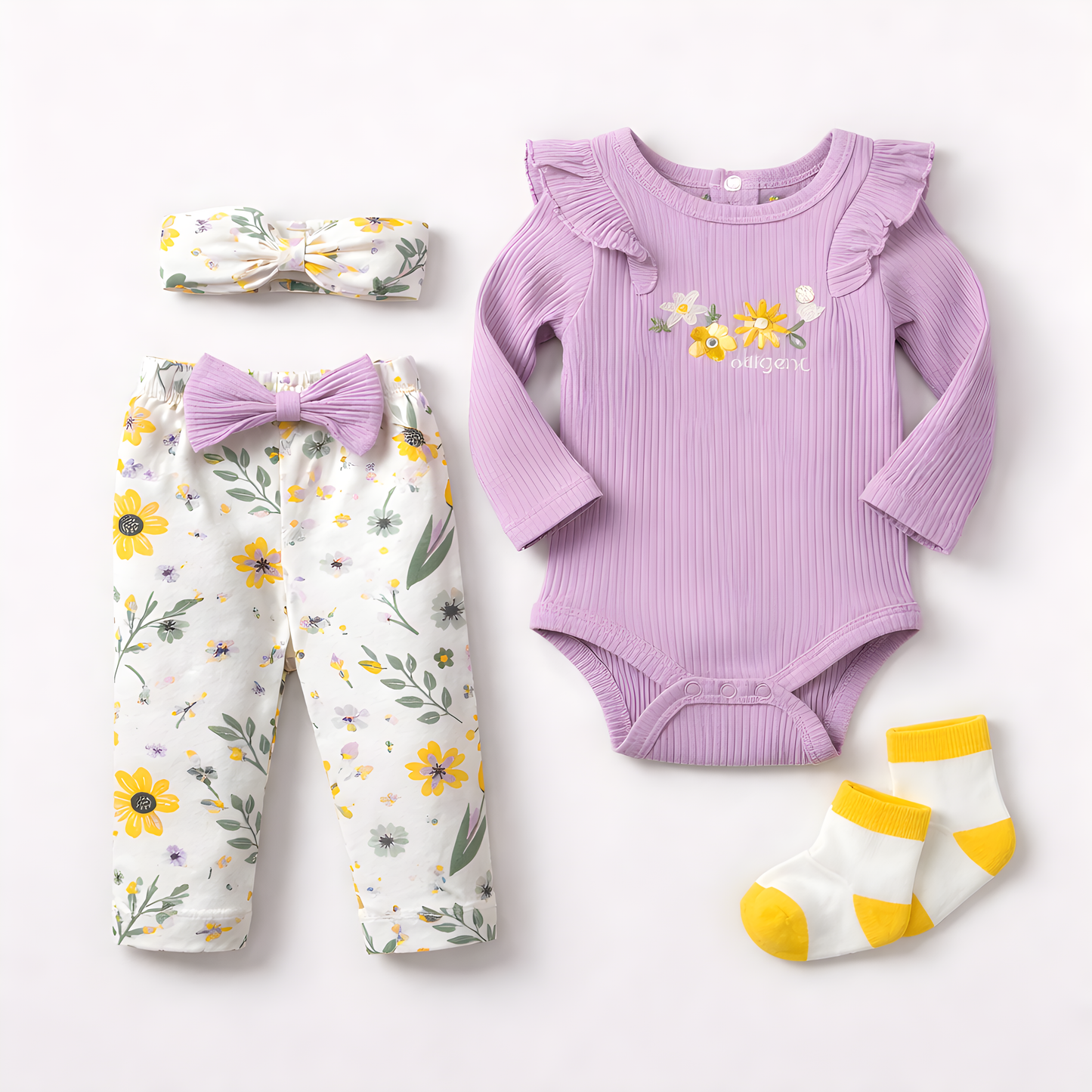 4-Piece Baby Girls Outfit Set – Long Sleeve Ribbed Bodysuit with Floral Leggings, Headbands & Socks 042LH
