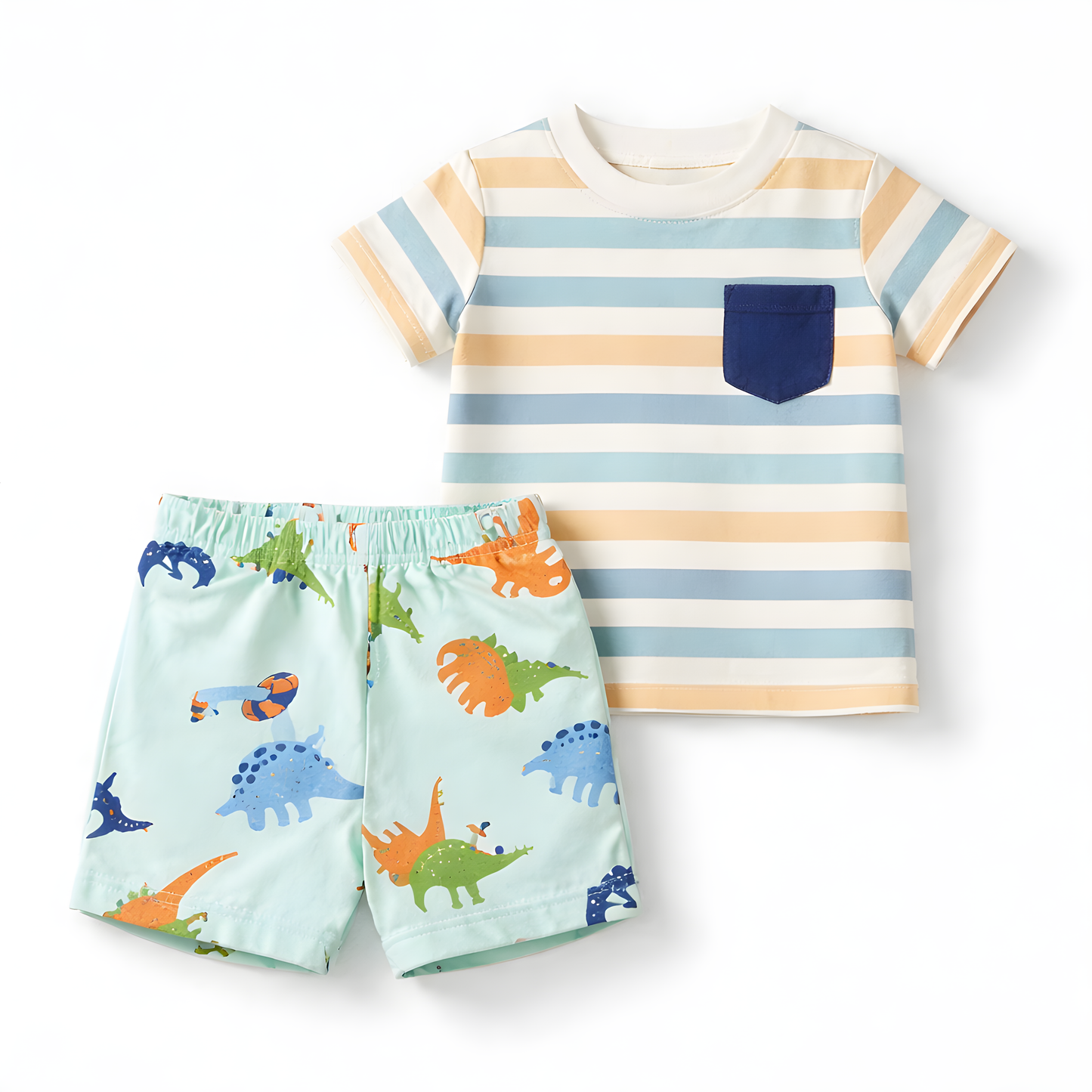 Baby Boy 4-Piece Dino Cotton Summer Outfit Set – 2 T-Shirts & 2 Shorts- Light Blue and Grey 042LH