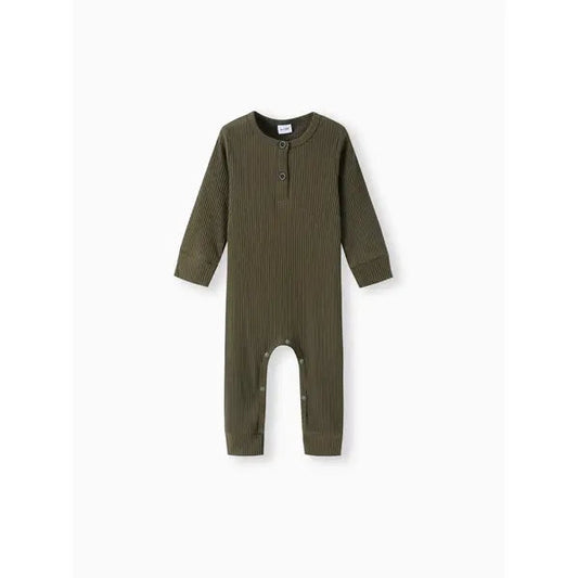 Cotton Ribbed Button Up Jumpsuit Dark Army Green