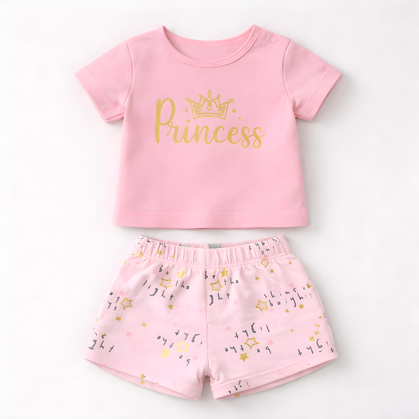 Girls 4-Piece Flamingo Cotton Summer Outfit Set – 2 T-Shirts & 2 Shorts- Pink and White 042LH