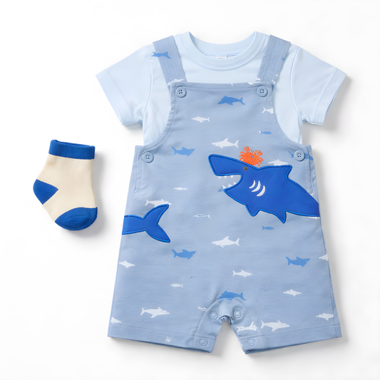 Baby Boy 3-Piece Shark Dungaree Outfit Set with Socks – Blue(042LH)