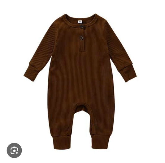 Cotton Ribbed Button Up Jumpsuit Brown