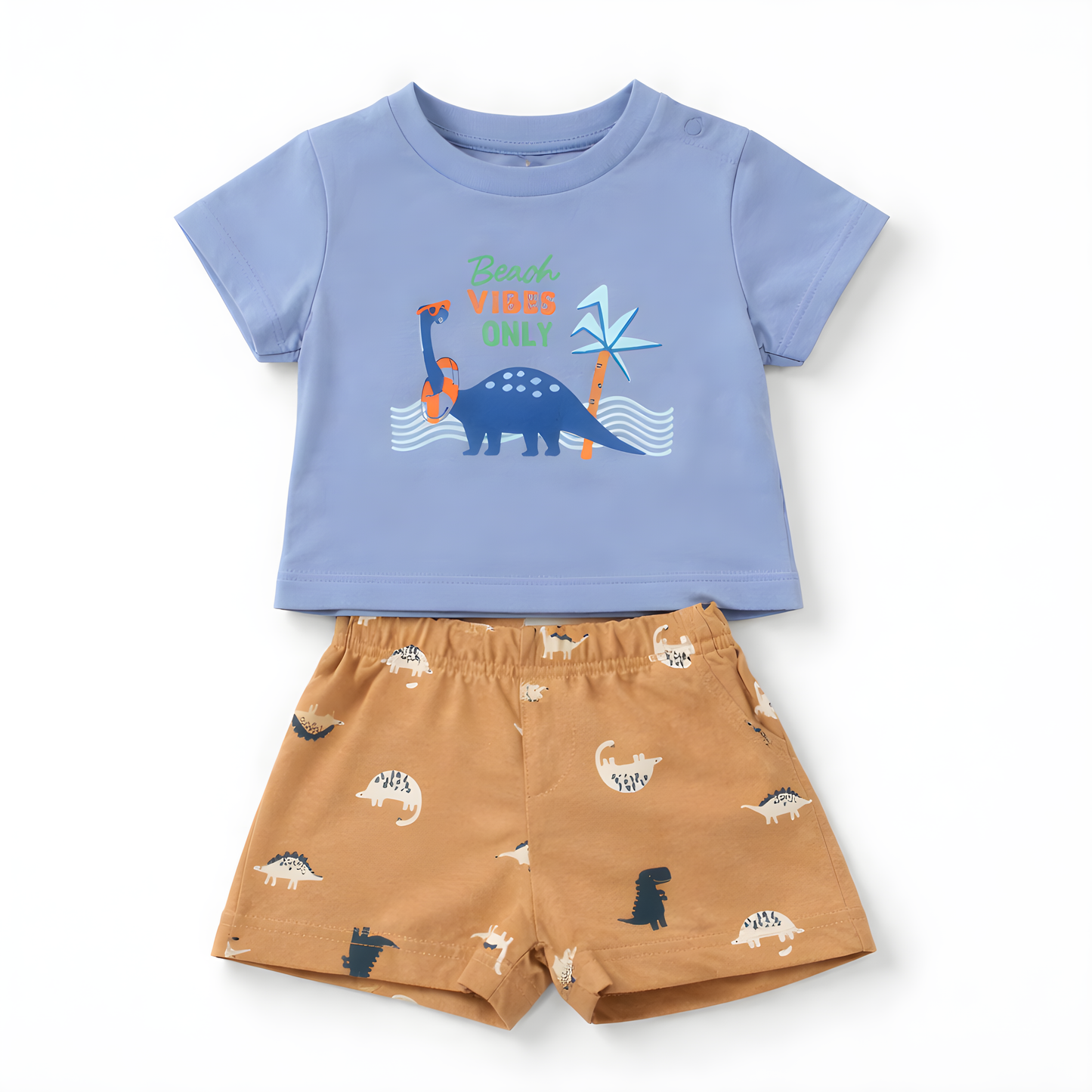 Baby Boy 4-Piece Beach Dino Cotton Summer Outfit Set – 2 T-Shirts & 2 Shorts- Light Blue and White 042LH