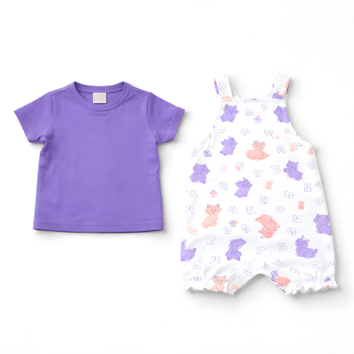 Baby Girl 2-Piece Cat Dungaree Outfit Set with Socks – Purple and White(042LH)