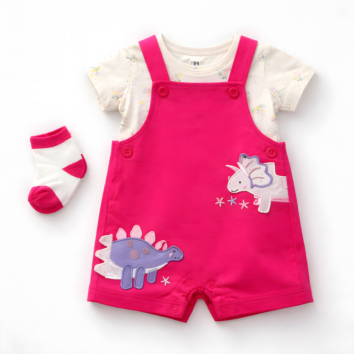 Baby Girl 3-Piece Dino Dungaree Outfit Set with Socks – Pink and White (042LH)