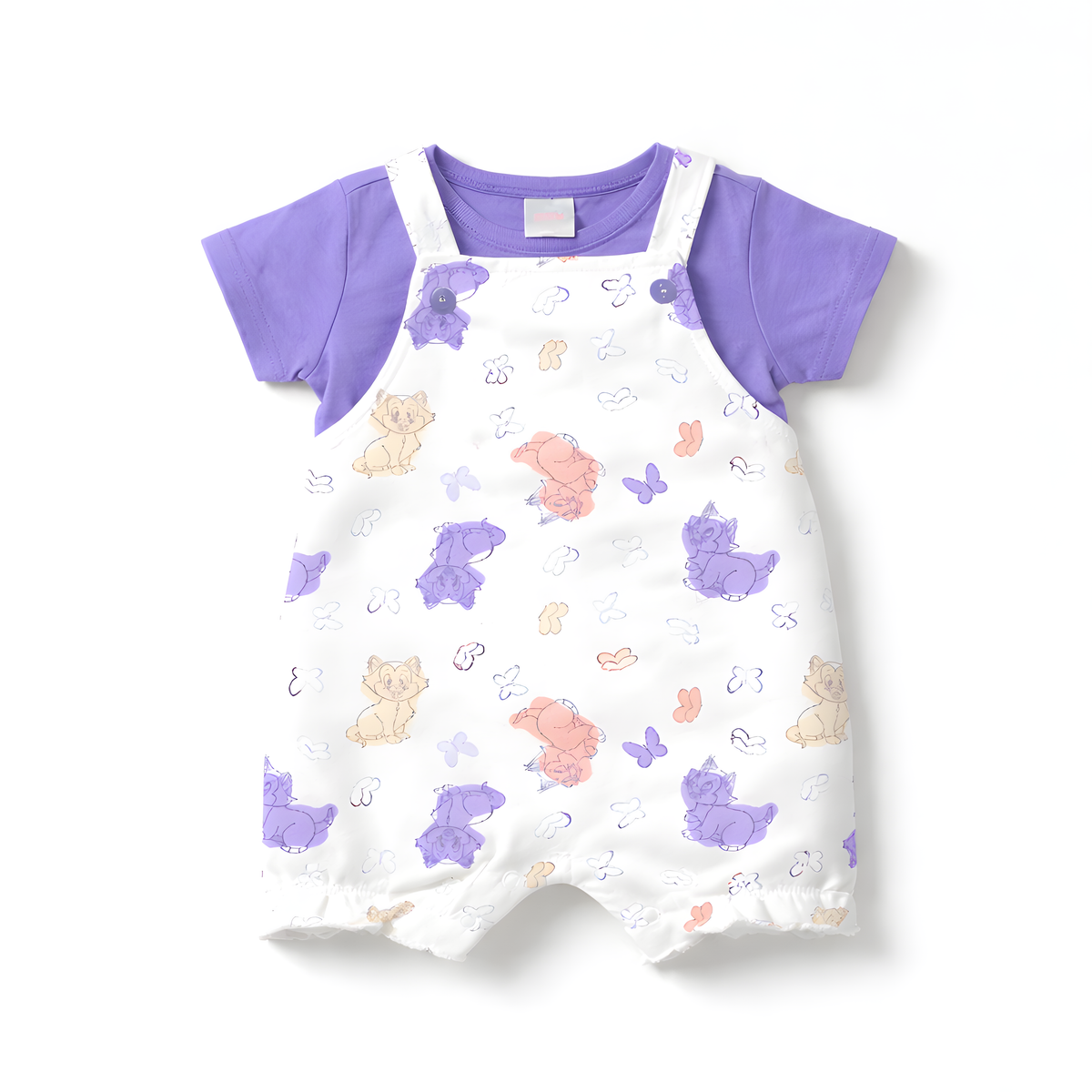 Baby Girl 2-Piece Cat Dungaree Outfit Set with Socks – Purple and White(042LH)