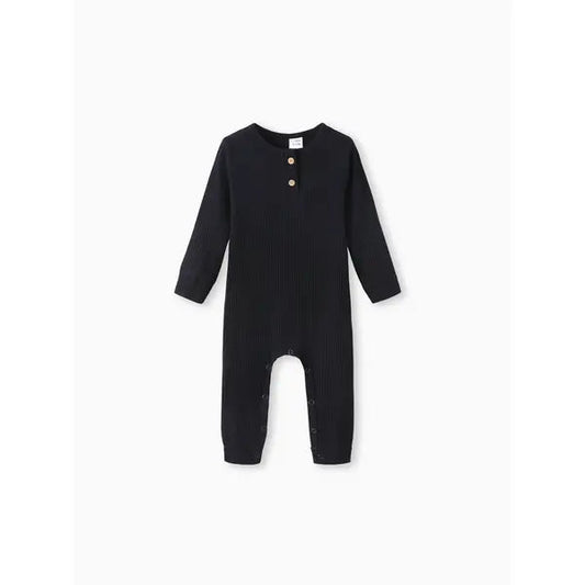 Cotton Ribbed Button Up Jumpsuit Black and White