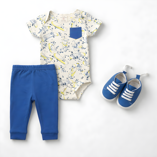 3-Piece Baby Boy Skateboard Print Outfit Set | Bodysuit, Pants & Matching Shoes 042LH