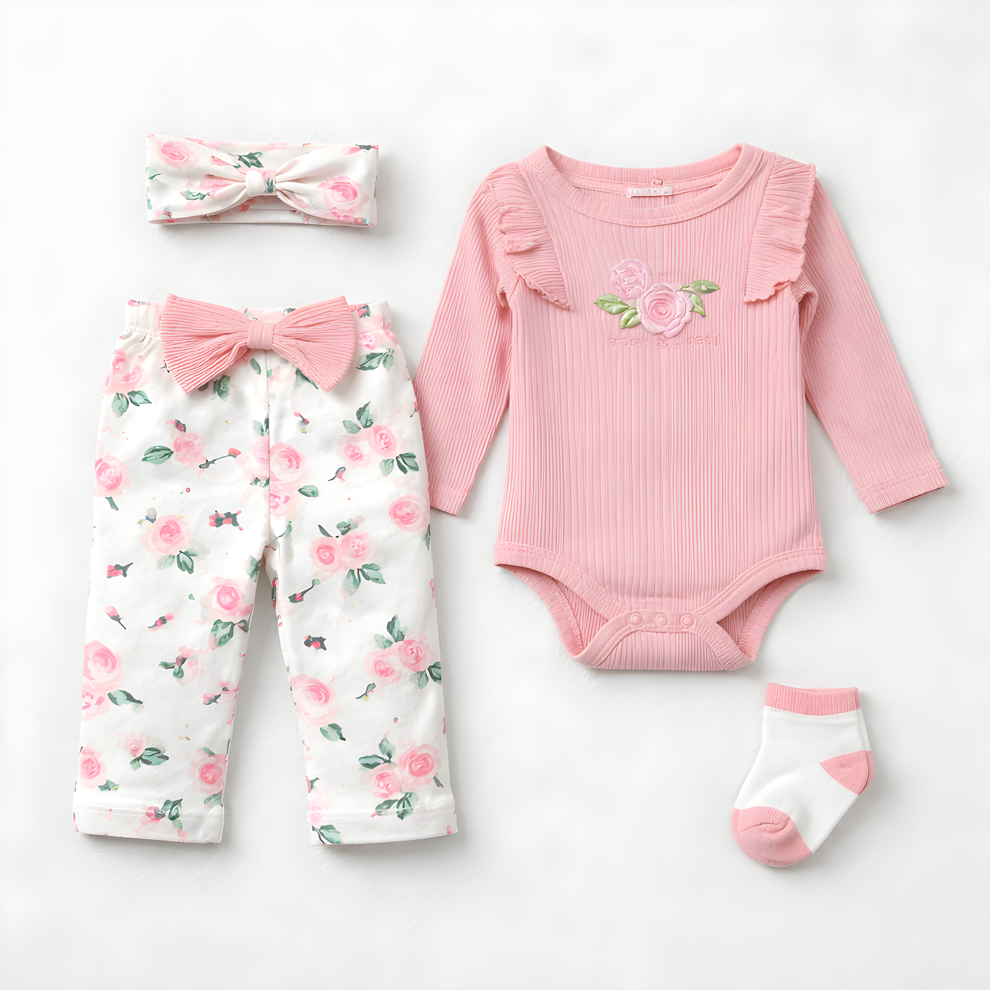 4-Piece Baby Girls Outfit Set – Long Sleeve Ribbed Bodysuit with Floral Leggings, Headbands & Socks 042LH