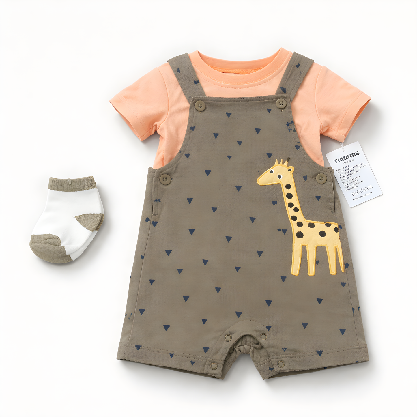 Baby Boy 3-Piece Giraffe Dungaree Outfit Set with Socks – Green and Orange(042LH)