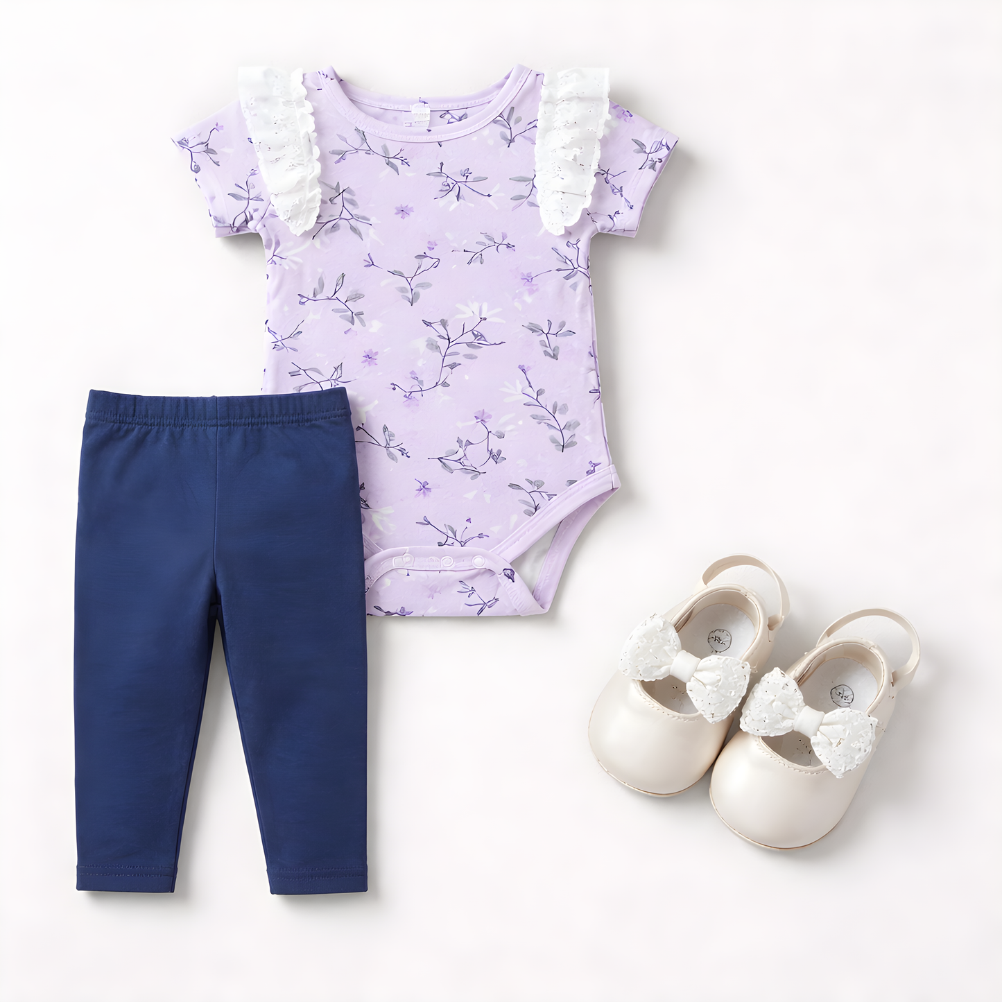 3-Piece Baby Girl Floral Outfit Set | Bodysuit, Leggings & Matching Shoes 042LH