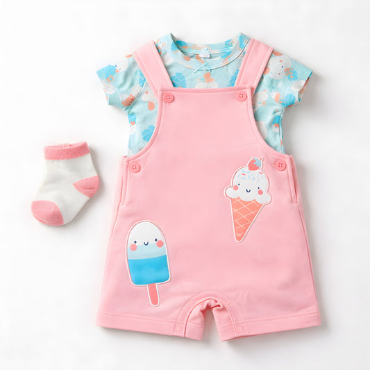 Baby Girl 3-Piece Ice Cream Dungaree Outfit Set with Socks – Pink and Blue(042LH)