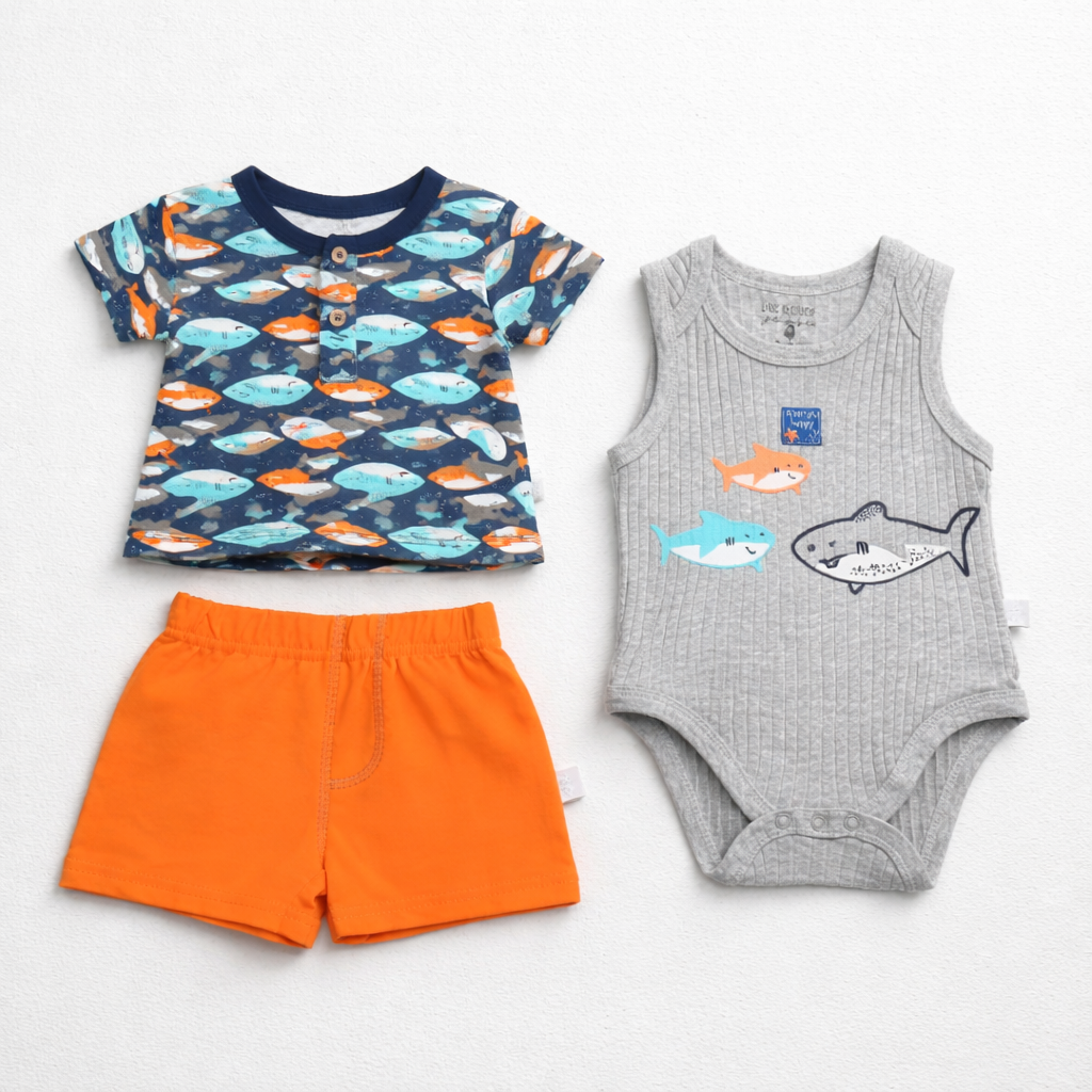 3-Piece Baby Boy Cotton Summer Outfit Set | Shark Bodysuit, Fish Print T-Shirt & Orange Shorts 042LH
