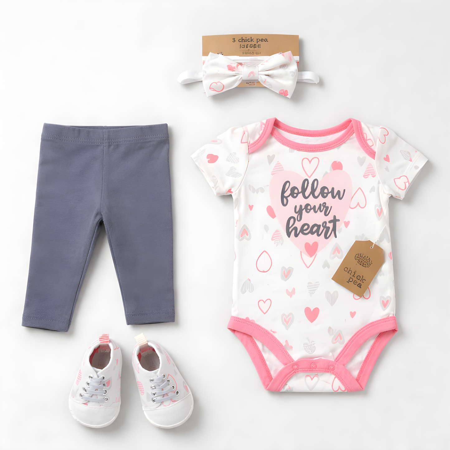 4-Piece Baby Girl "Follow Your Heart" Outfit Set | Bodysuit, Leggings, Headband & Shoes 042LH