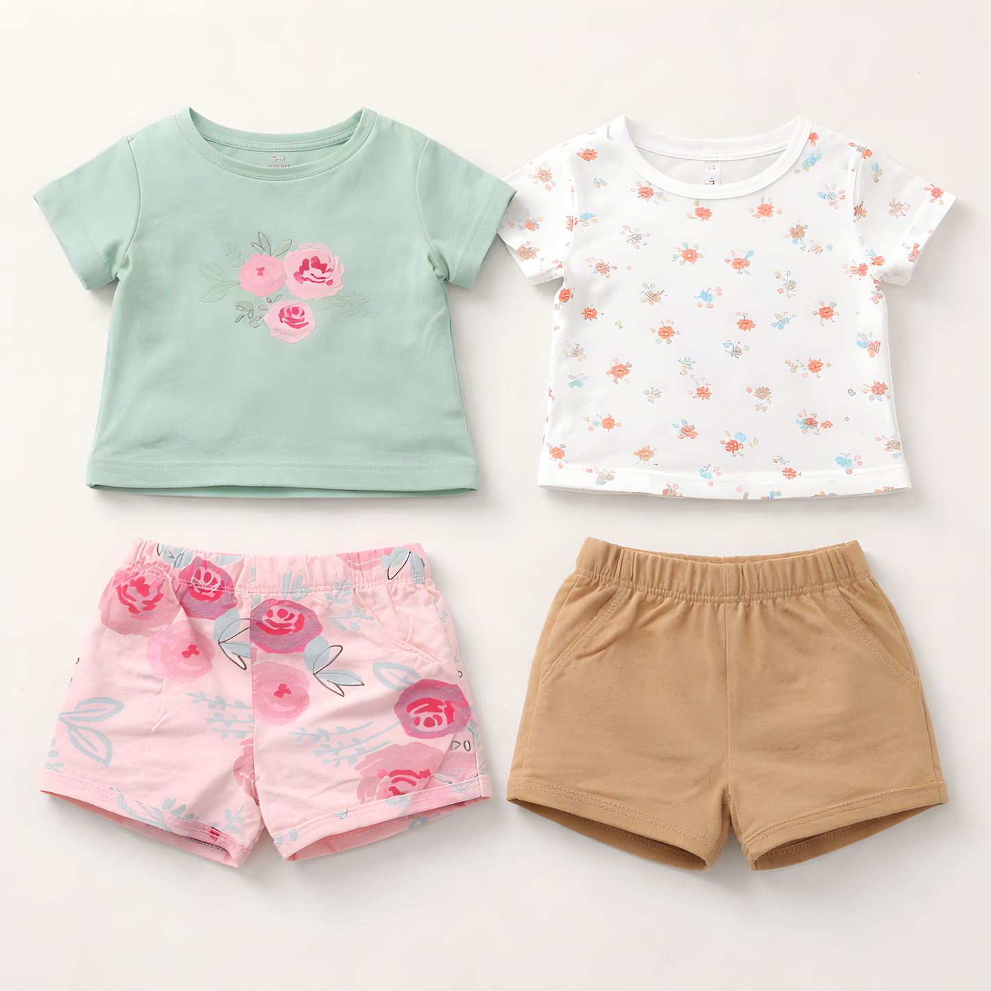Girls 4-Piece Floral Cotton Summer Outfit Set – 2 T-Shirts & 2 Shorts- Pink , Green and White 042LH
