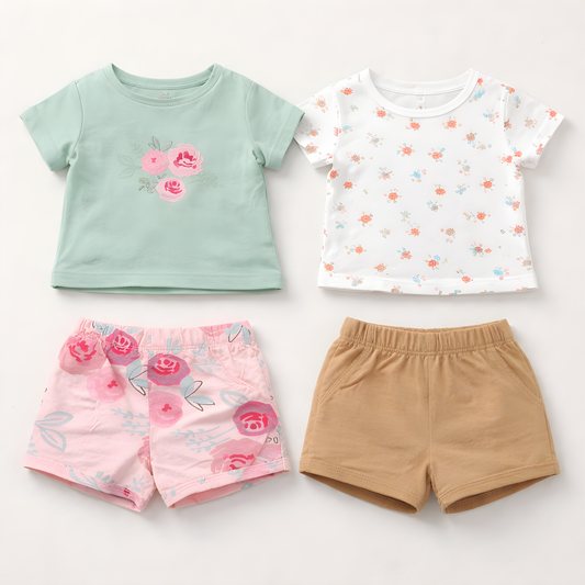 Girls 4-Piece Floral Cotton Summer Outfit Set – 2 T-Shirts & 2 Shorts- Pink , Green and White 042LH