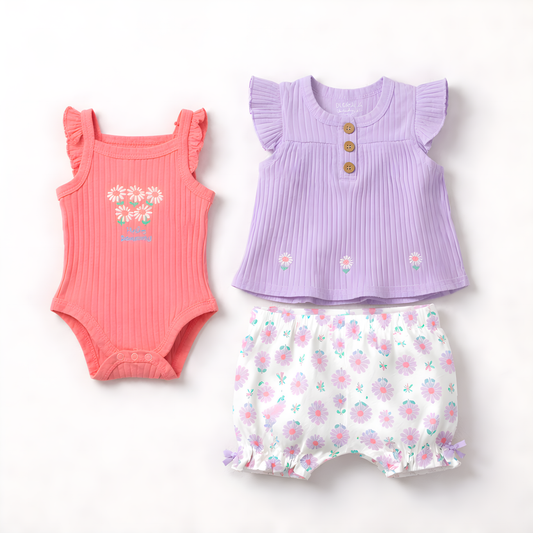 3-Piece Baby Girl Cotton Summer Outfit Set | floral Bodysuit, Purple Top & Floral Shorts 042LH (Copy)