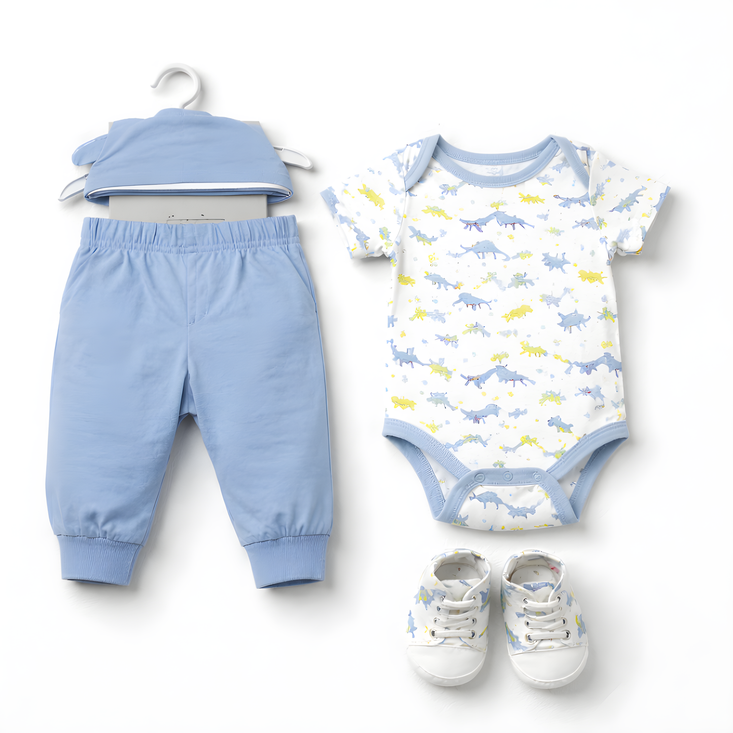 Baby Boy 4-Piece Dinosaur Bodysuit Outfit Set with Solid Pants, Cap & Shoes 042LH